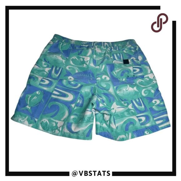 Vineyard Vines Men's Fish Print Elastic Waist Swim Trunks Blue Green Size Small - Picture 2 of 7